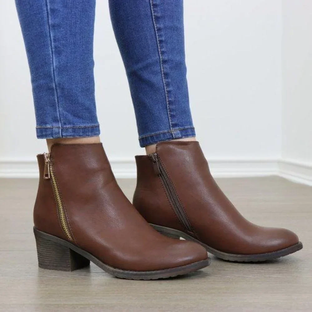 Brown Faux Leather Ankle Boots W/ Gold Zipper Block Heel - Picture 2 of 8